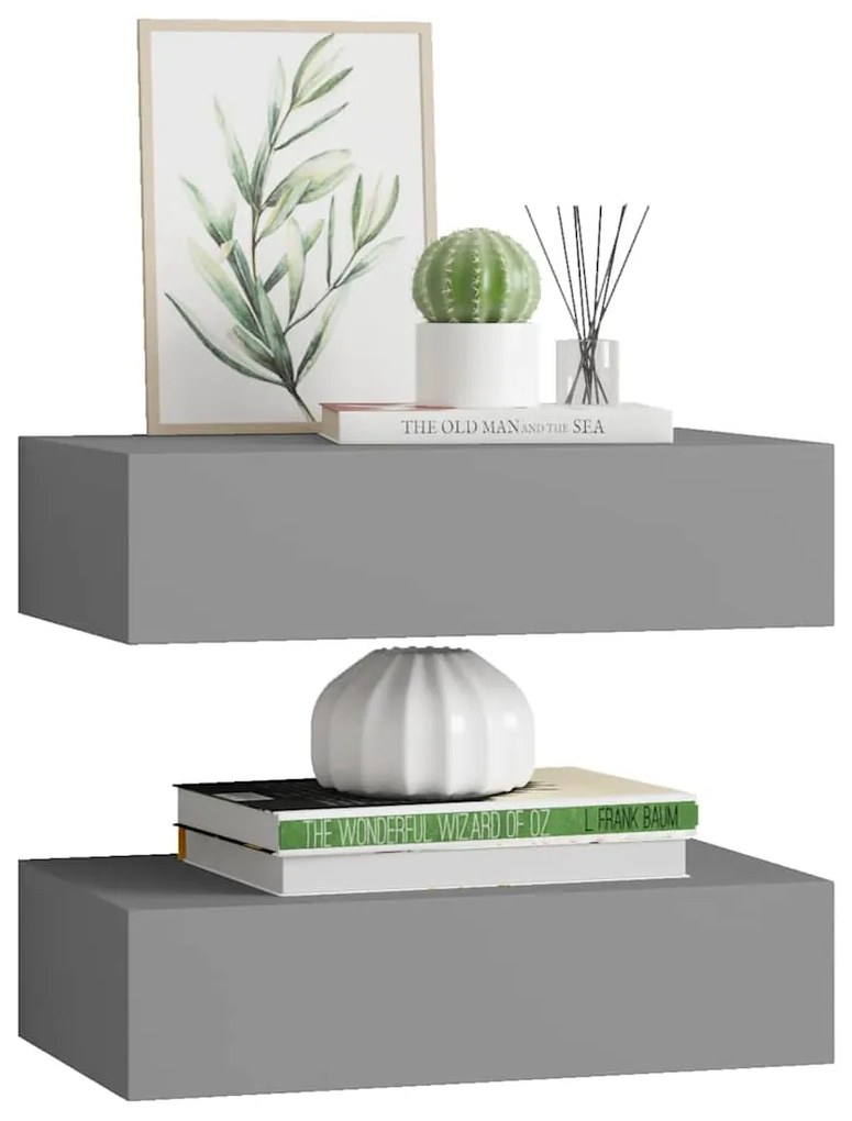 Prateleiras de parede com gavetas 2 pcs MDF 40x23,5x10 cm cinza