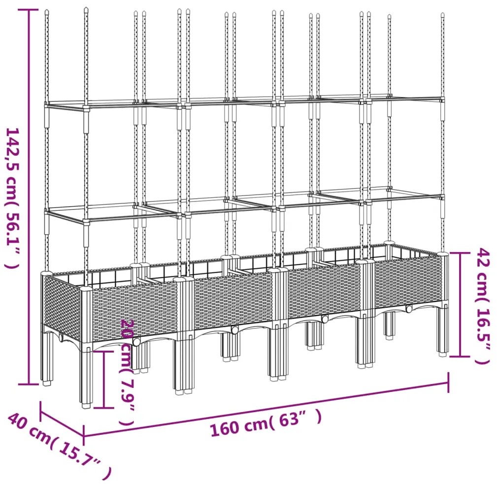 Vaso/floreira jardim c/treliça 160x40x142,5cm PP cinzento-claro