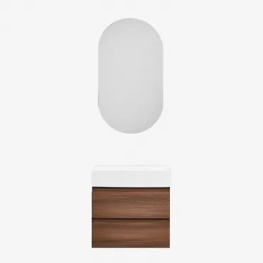 Conjunto De Móvel De Casa De Banho Em Madeira E Chapa De Freixo Com Lavatório Integrado Ona Madeira Escura & Ovalado Com Armazenamento Preto - Sklum