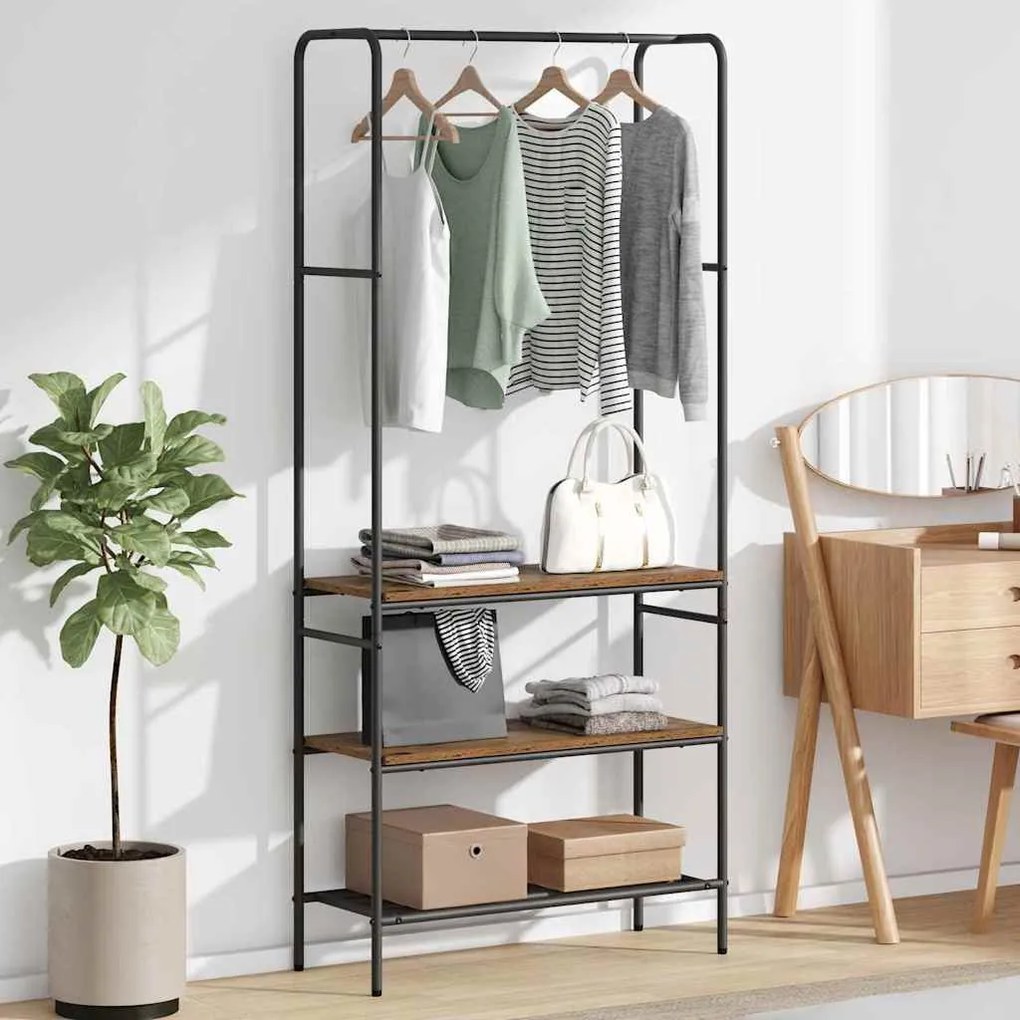 vidaXL Suporte para Roupas com Prateleiras Madeira antiga