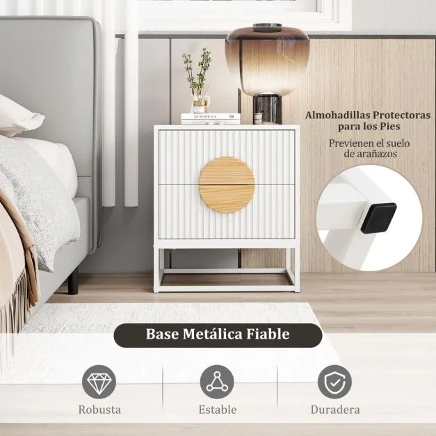 Mesa de cabeceira, mesa apoio 48 x 40 x 55 cm com 2 gavetas com moldura metálica e puxadores em madeira de pinho moderna com design ondulado elegante