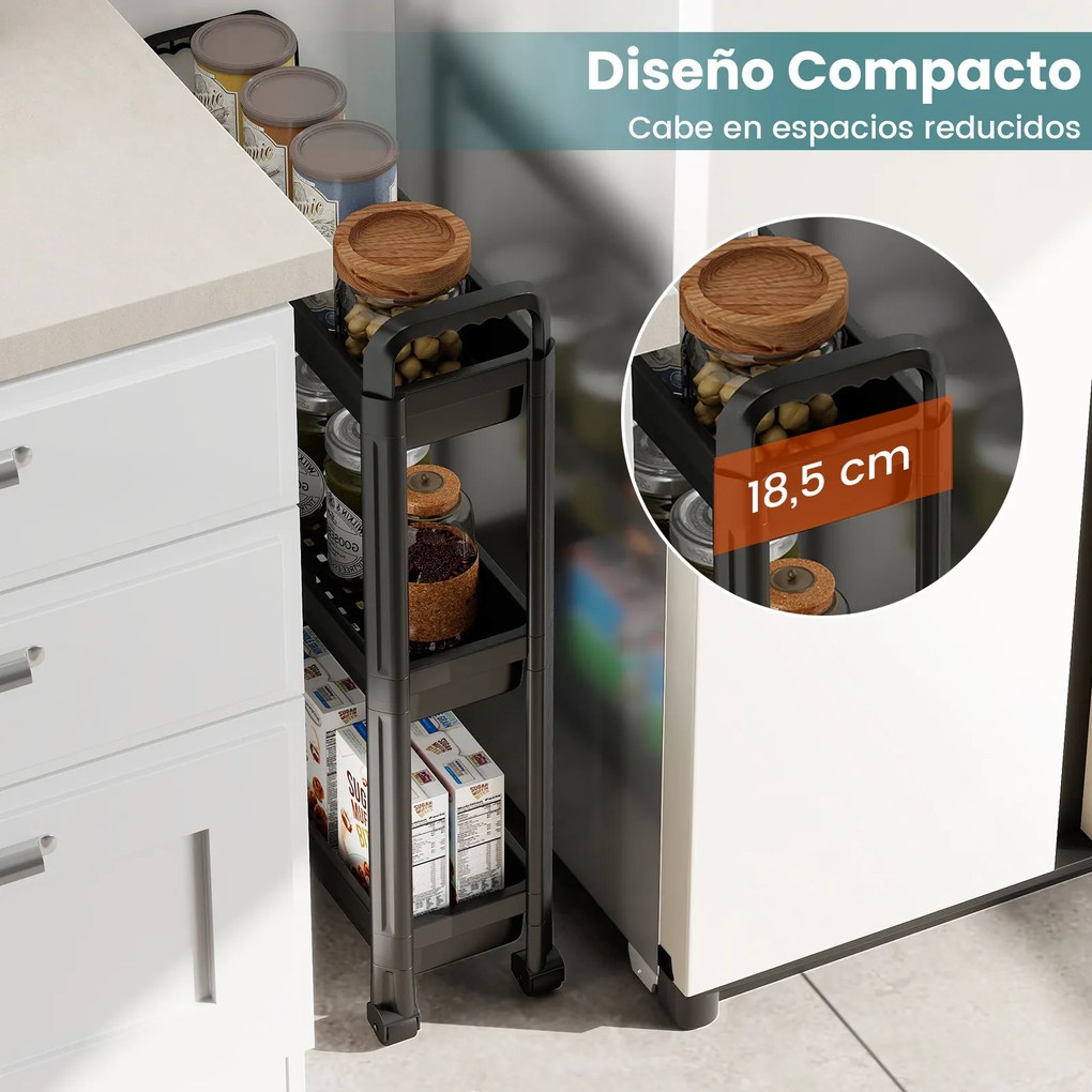 Carrinho estreito de 3 níveis com rodas e pegas54×18,5×76 cm Organizador móvel para cozinha, casa de banho, lavandaria e escritório Preto