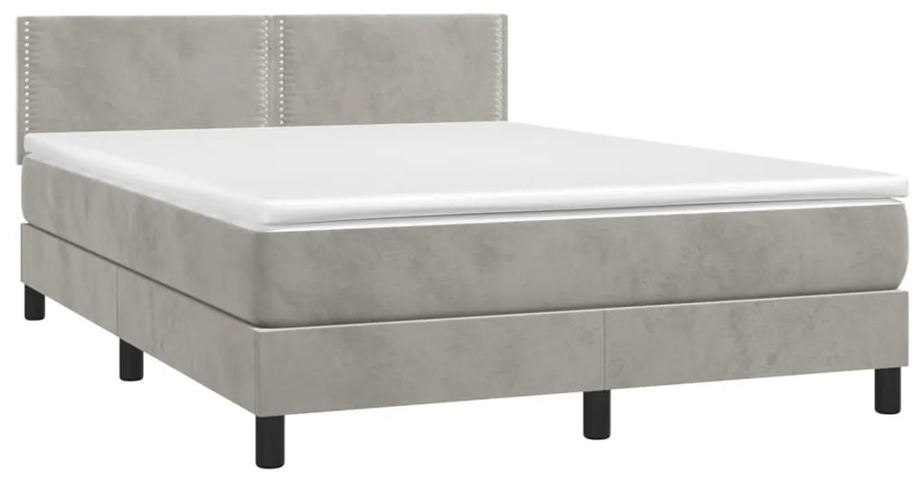 Cama box spring c/ colchão/LED 140x200 cm veludo cinzento-claro