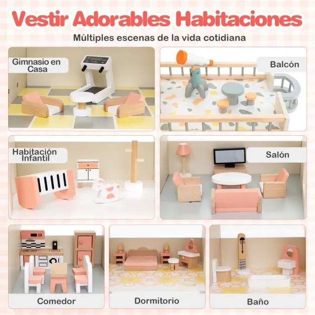 Casa de bonecas de madeira com telhado 82,5 x 107 x 94,5 cm, 41 móveis e acessórios Casa dos sonhos DIY com 3 andares e 6 quartos Laranja
