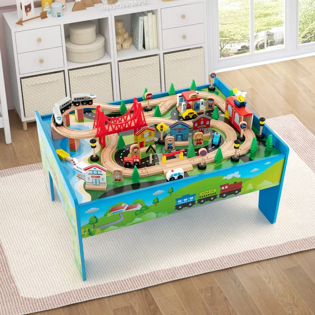 Mesa de jogos de comboio em madeira maciça, 80 peças, para crianças, trilhos comboio para meninos e meninas a partir de 3 anos, 82,5 x 60 x 40 cm, mul