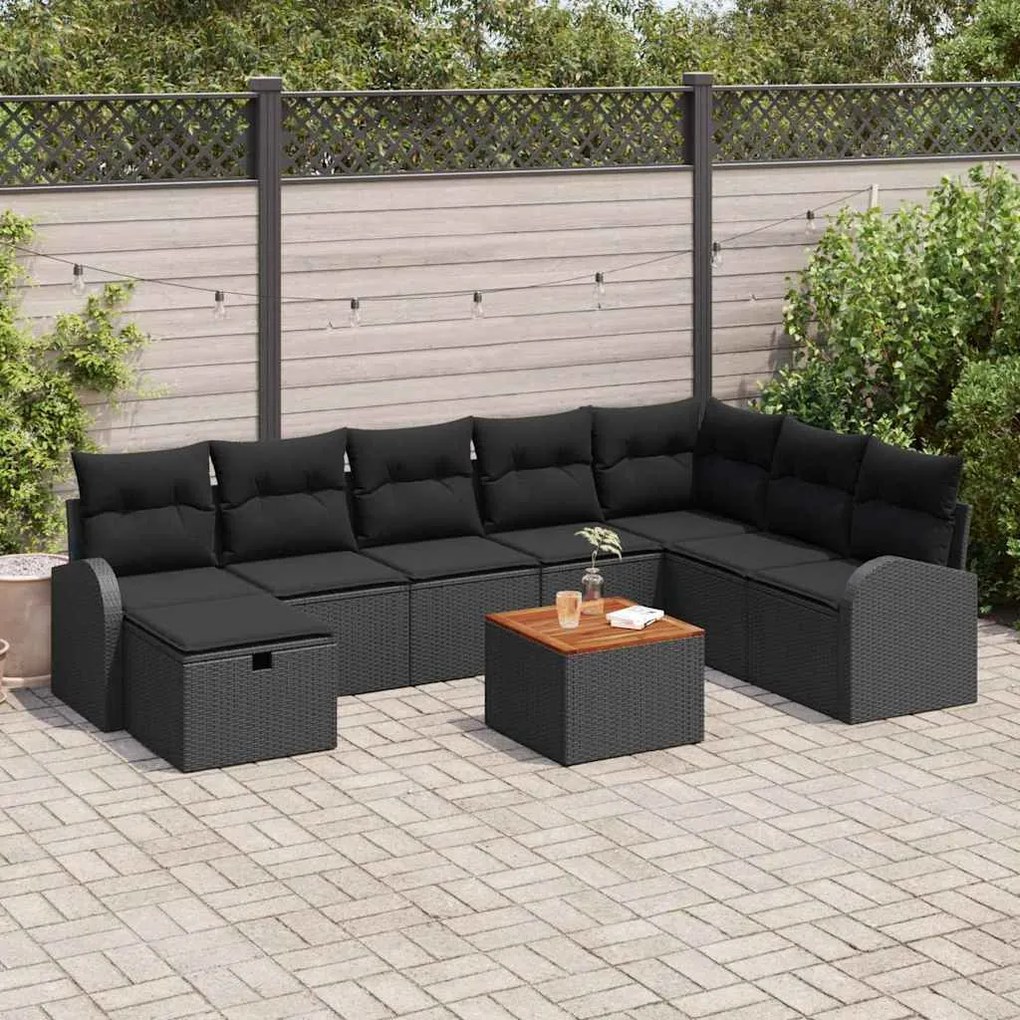 vidaXL Conjunto de Sofá de Jardim com almofada 9 pcs Preto vime PE