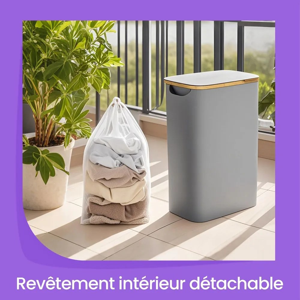 Cesto de bambu para roupa suja de 65 L, 42 x 22,5 x 70,5 cm cinzento