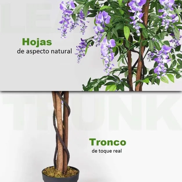 Flor artificial de glicínia 150 cm Planta decorativa em vaso roxo para interior.