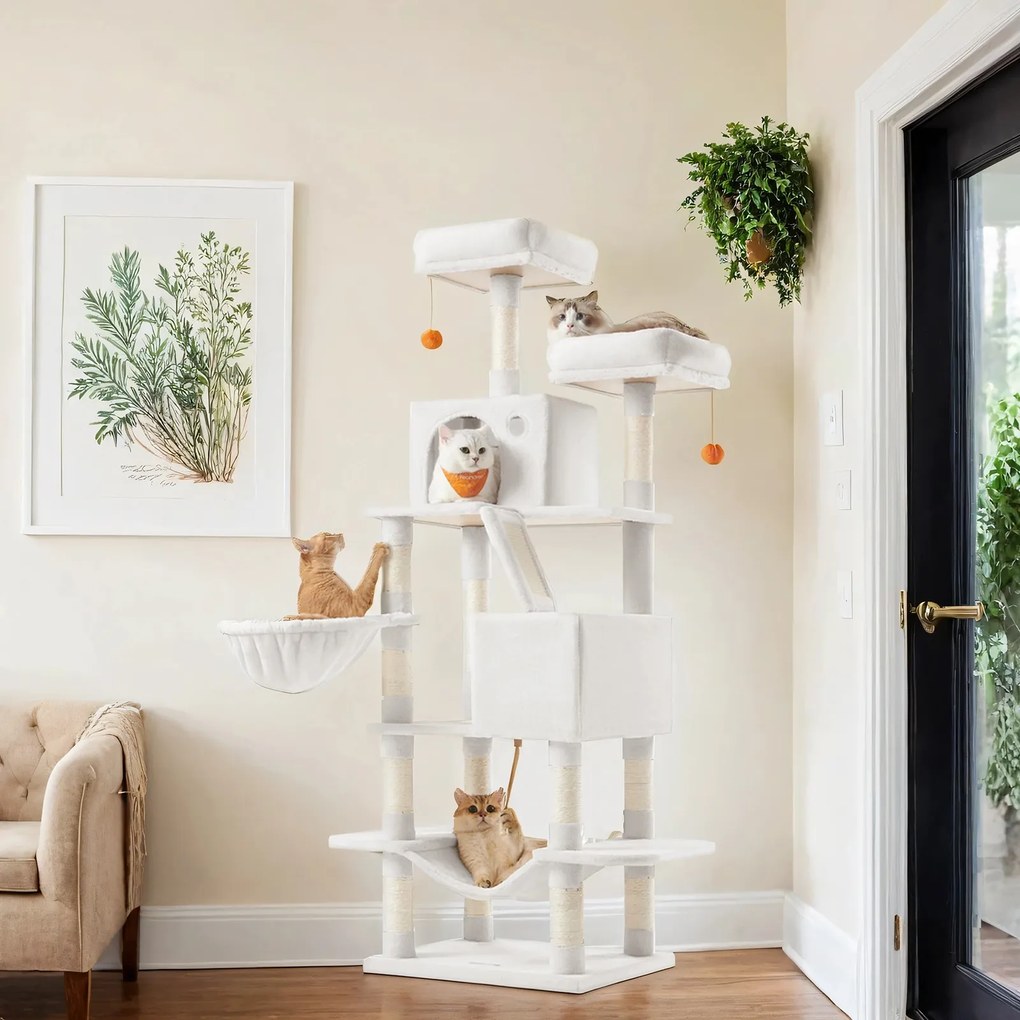 Arranhador para Gatos grande com 13 colunas para arranhar 55 x 45 x 168 cm, branco creme