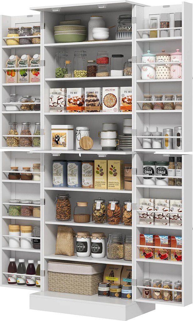 Armário de cozinha 60 x 35 x 166 cm tipo dispensa, prateleira ajustável e suporte para especiarias, branco