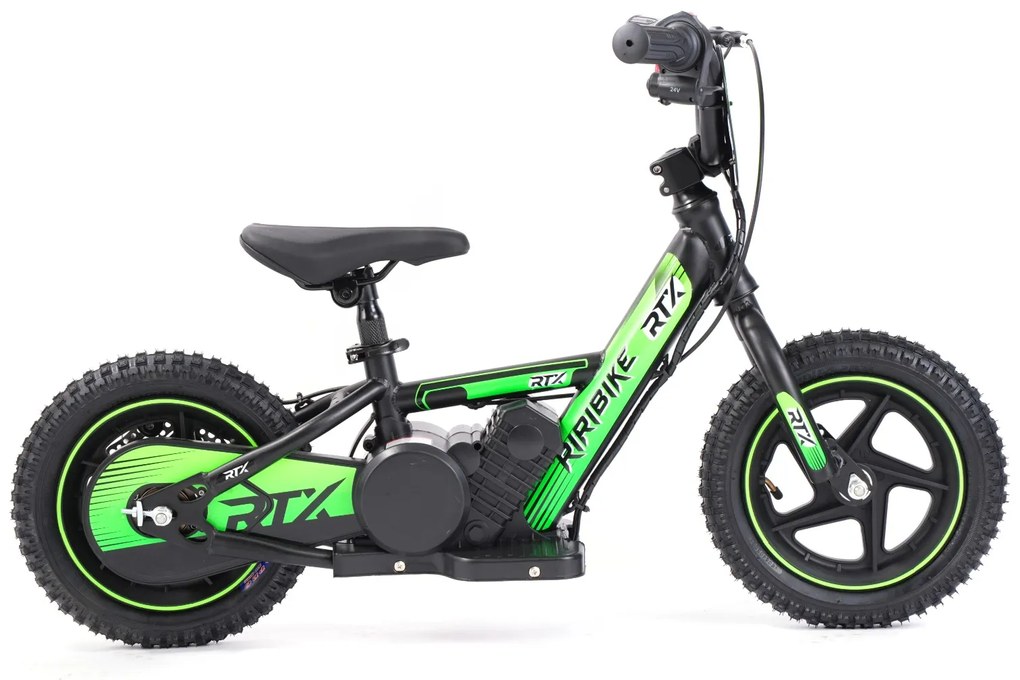 Bicicleta eléctrica para crianças RIRIBIKE RTX3 24V (12"), Batería de litio, Motor de 100W, Travão de disco verde