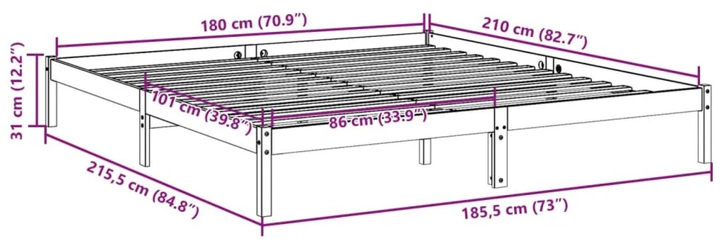 Cama extra longa sem colchão 180x210 cm pinho maciço branco