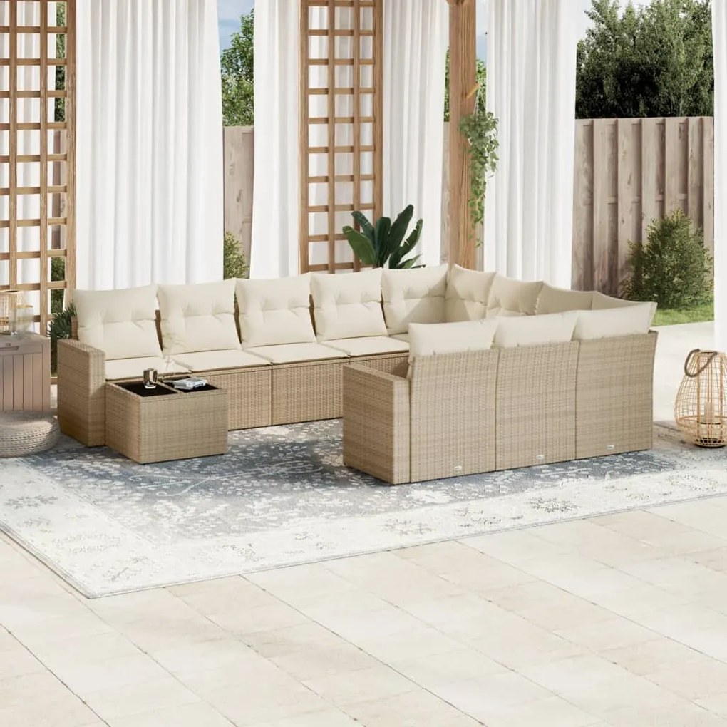 11 pcs conjunto sofás de jardim c/ almofadões vime PE bege