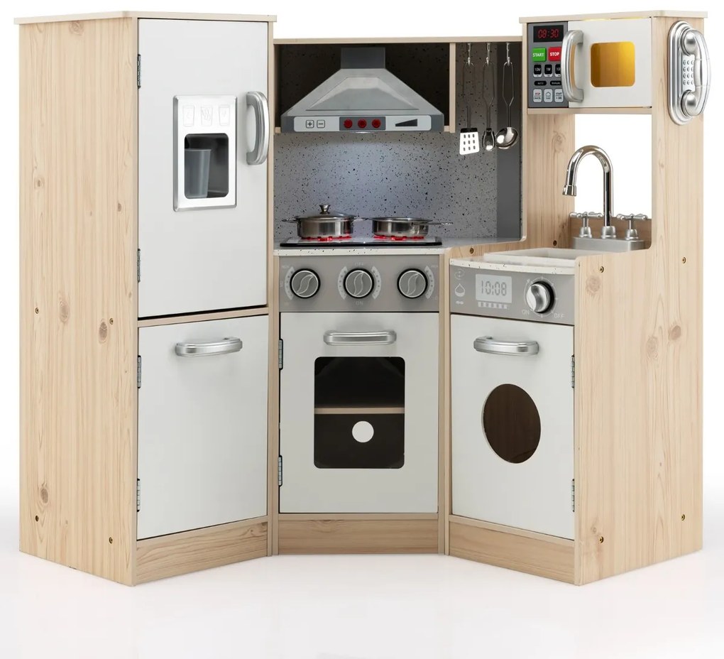 Conjunto de cozinha de madeira para crianças, brinquedo de cozinha com sons e acessórios realistas, jogo de telefone para crianças de +3 anos Branco +