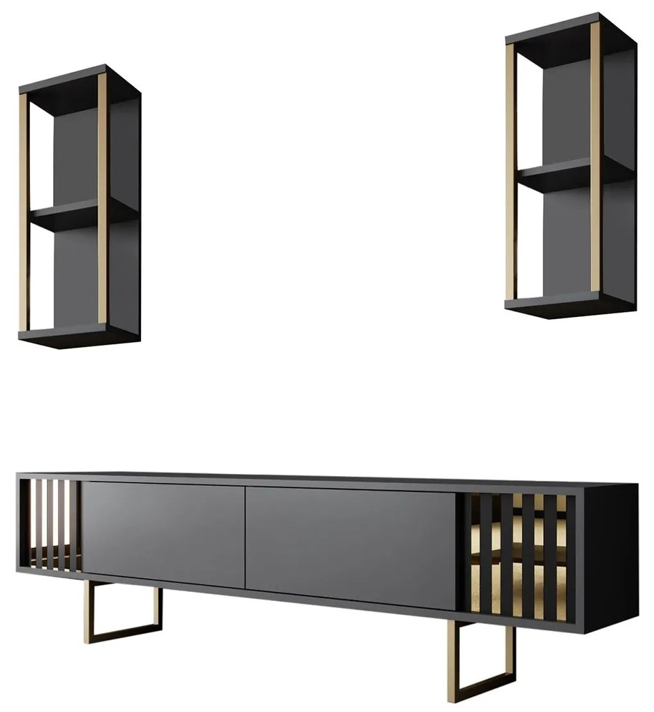 Móvel de TV "Gold" com 2 Prateleiras de Parede – Antracite e Dourado -