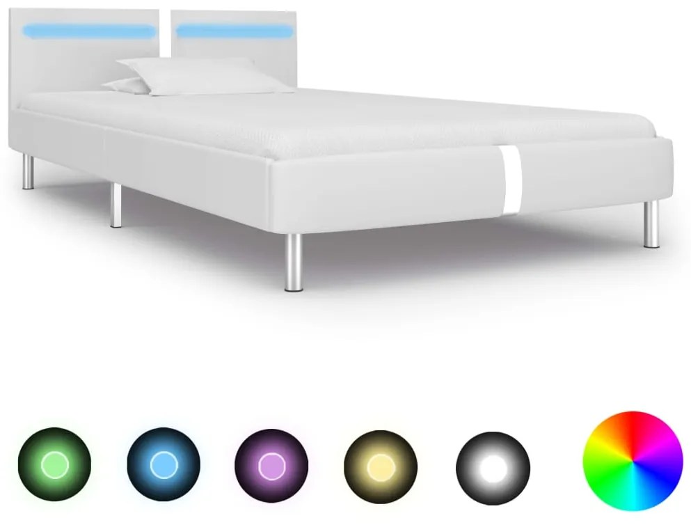 vidaXL Estrutura de cama c/ LEDs 90x200 cm couro artificial branco
