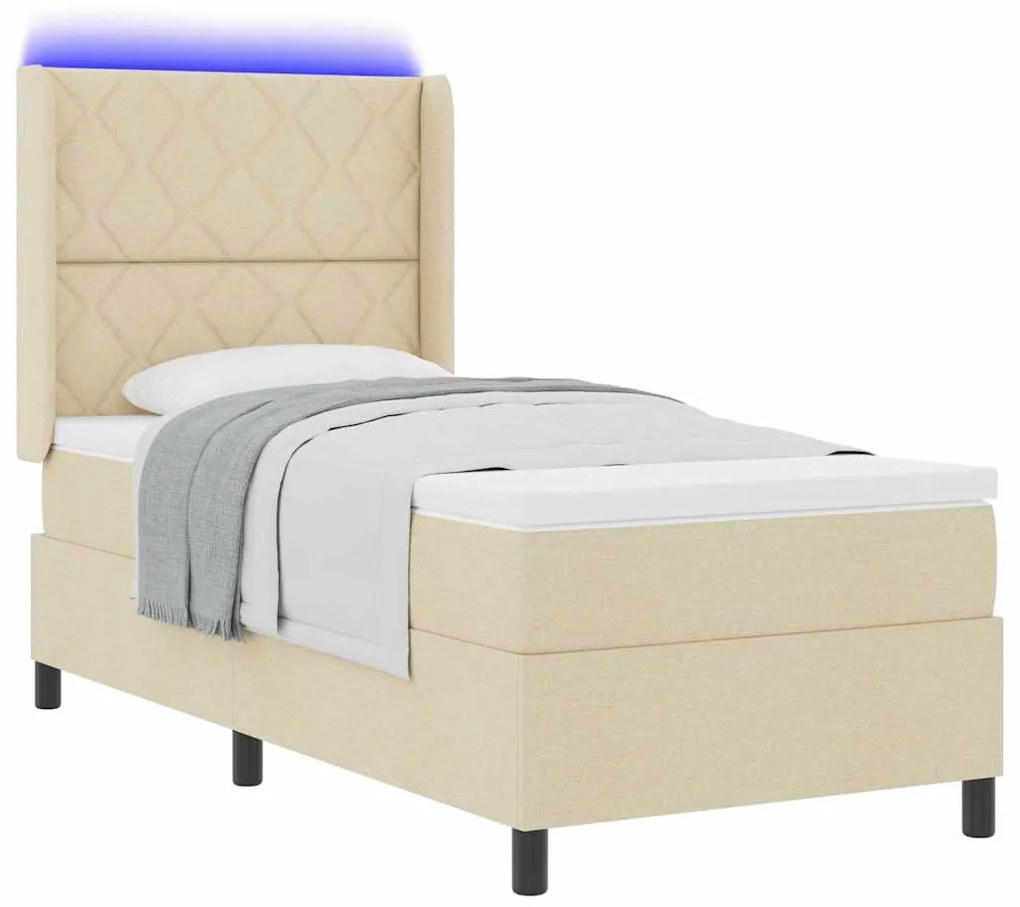 Cama Box Spring com colchão e LED creme 100x200 cm, tecido