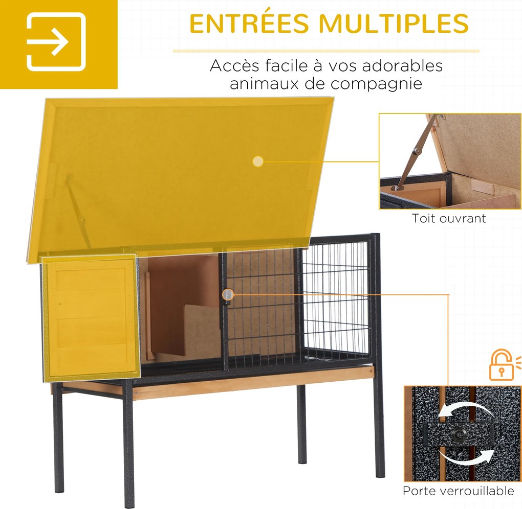 Gaiola de madeira para coelhos com pés 91,5 x 45 x 70 cm, gaiola para roedores e porquinhos-da-índia com teto amovível cor natural, preto