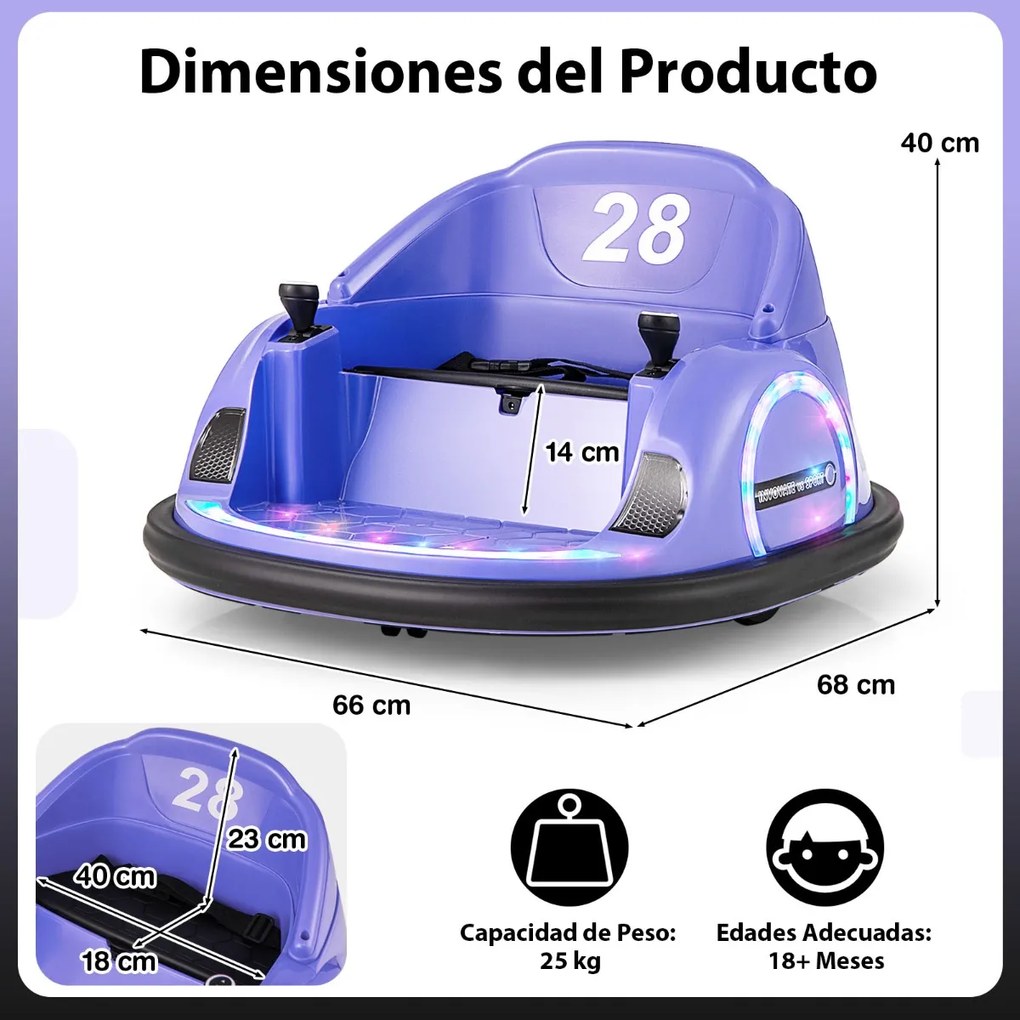 Carrinho choques elétrico para crianças 6v com controlo remoto, luz LED, buzina e música, rotação de 360° com cinto de segurança roxo