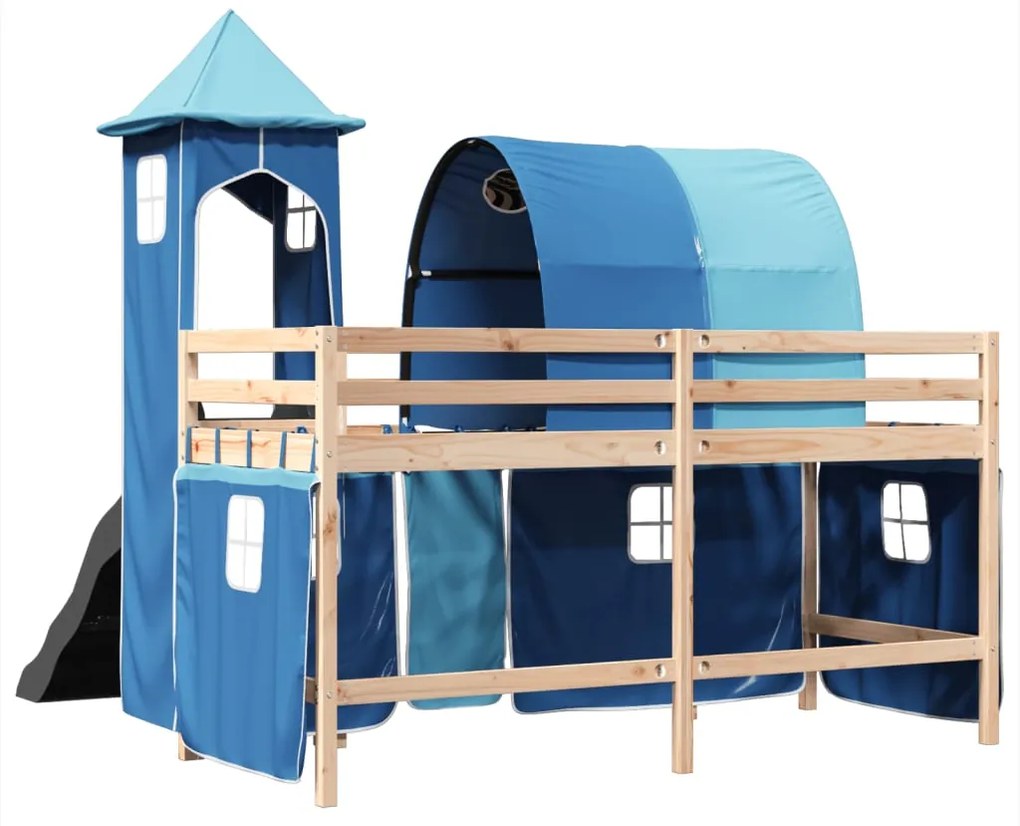 Cama alta para criança com torre 80x200 cm pinho maciço azul