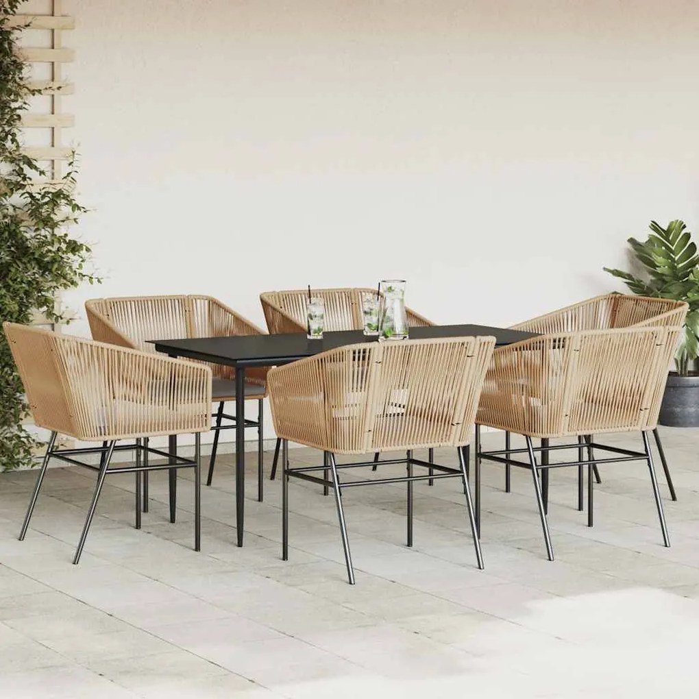 Conjunto jantar jardim 7 peças almofadas vidro vime PE castanho