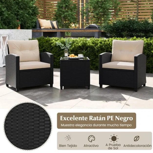 Conjunto de móveis de jardim de 3 peças de rattan com almofadas de assento e encosto e Mesa de centro de vidro temperado preto / creme