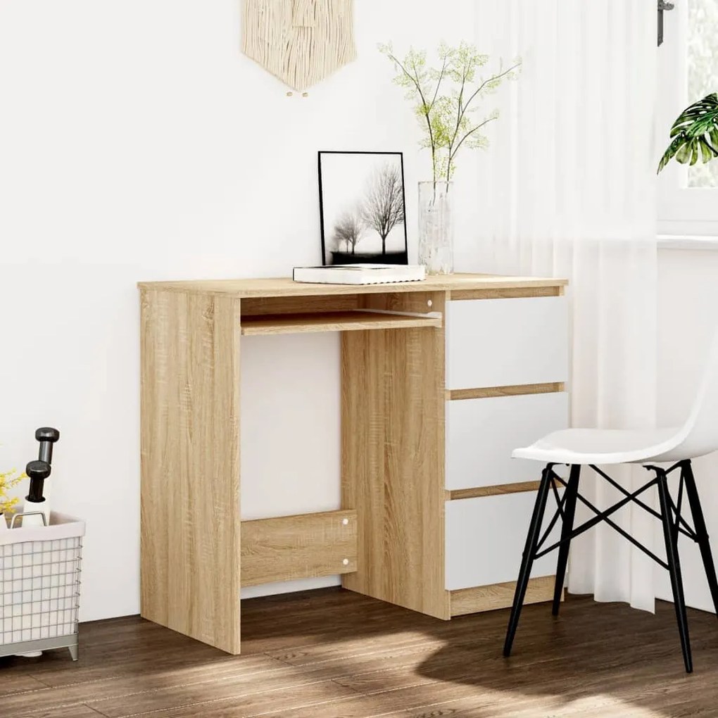 vidaXL Secretária 90x45x76 cm contraplacado branco e carvalho sonoma