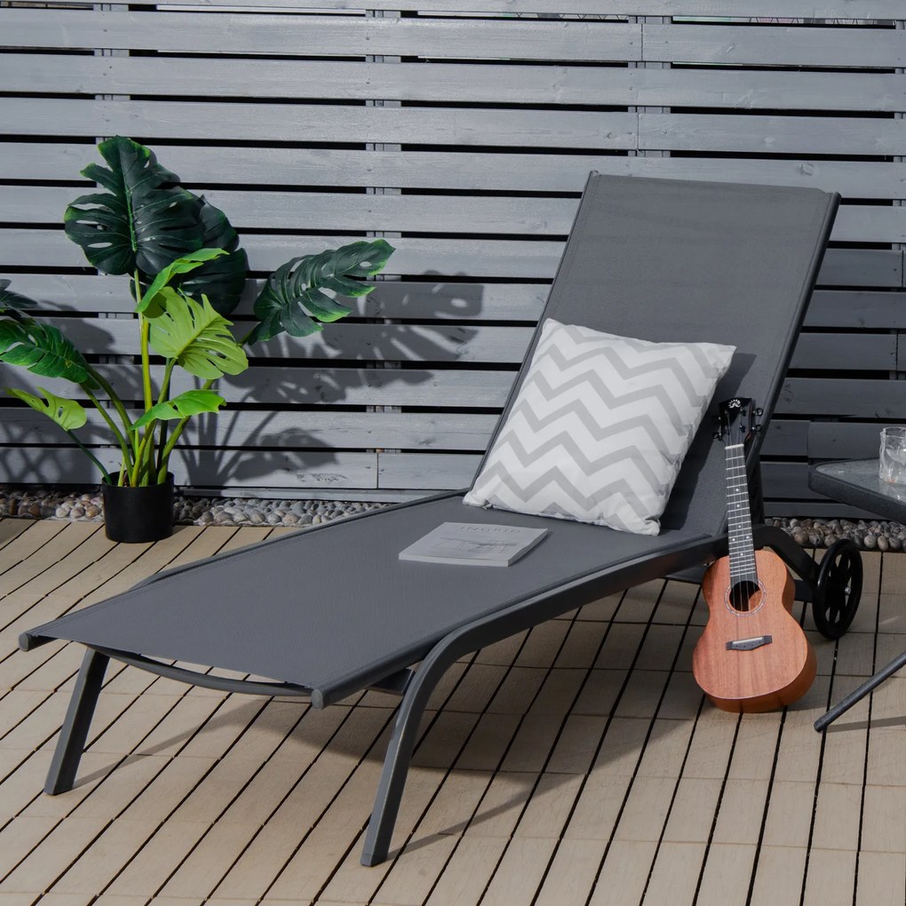 Conjunto de 2 espreguiçadeiras com rodas, tecido de secagem rápida e encosto reclinável em 6 posições, para exterior, piscina, pátio e jardim, cinzent