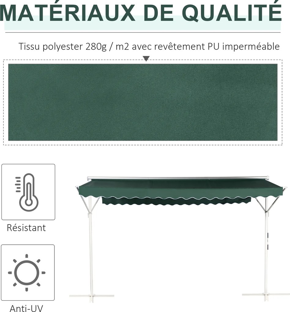 Toldo de dupla inclinação 4 x 3 m, manual e retrátil, inclinação ajustável, metal e poliéster impermeabilizado, verde escuro