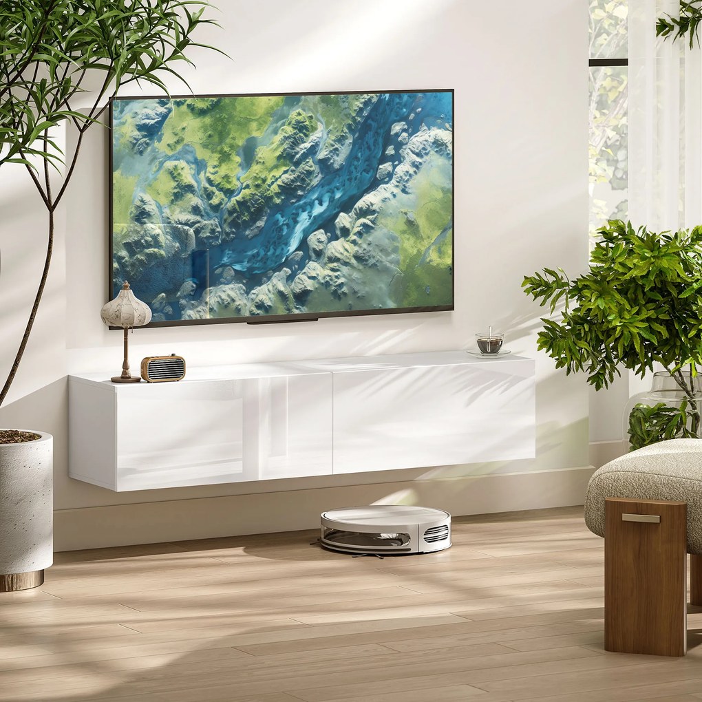 Móvel suspenso para TV até 45, 55 ou 65 polegadas, com 2 armários com portas, 140 x 33 x 29,8 cm, branco