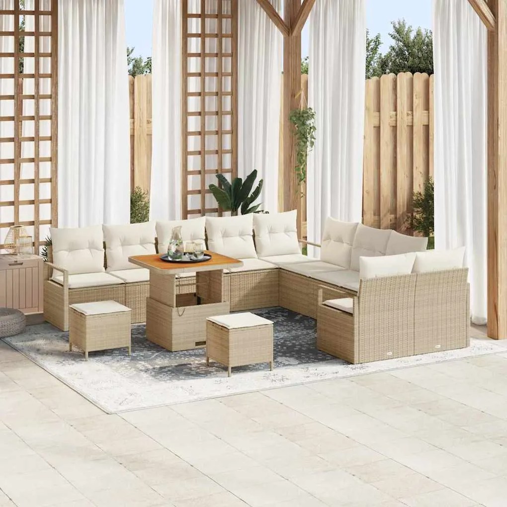 Conjunto de Sofá de Jardim de 13 Peças com Almofadas Bege Rattan Polié