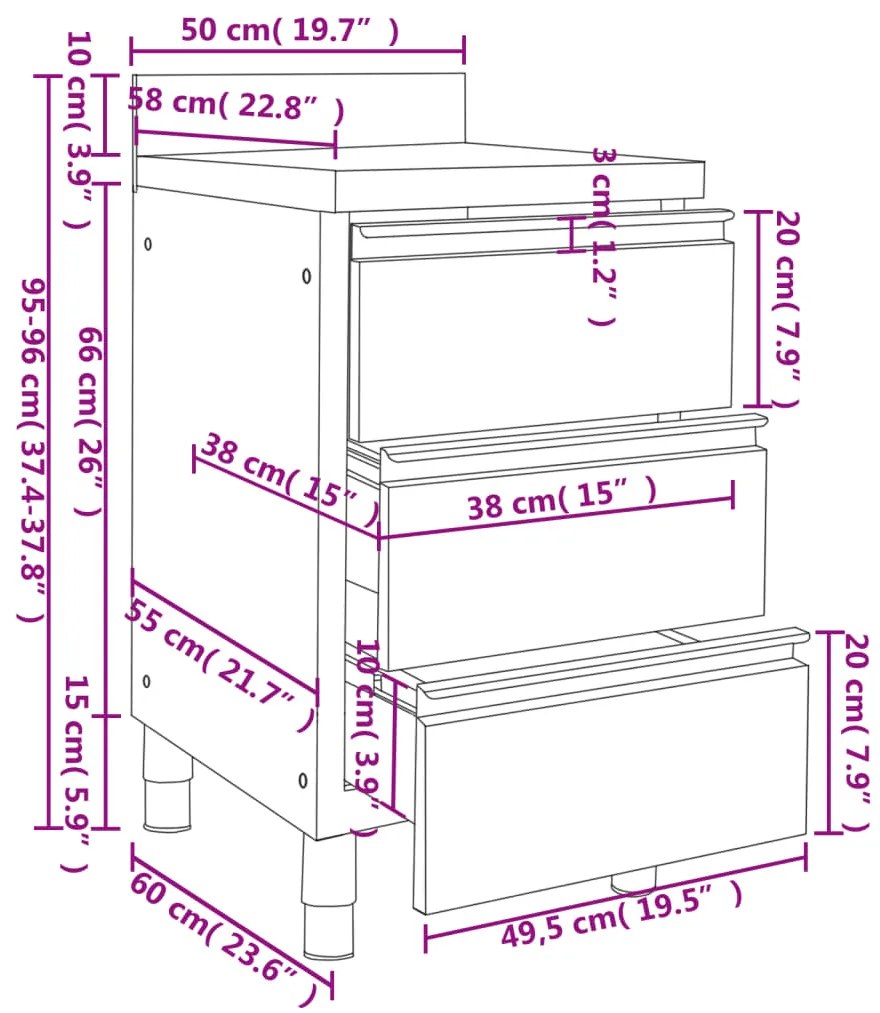 Armários p/ cozinha comercial c/ 3 gavetas 2 pcs aço inoxidável