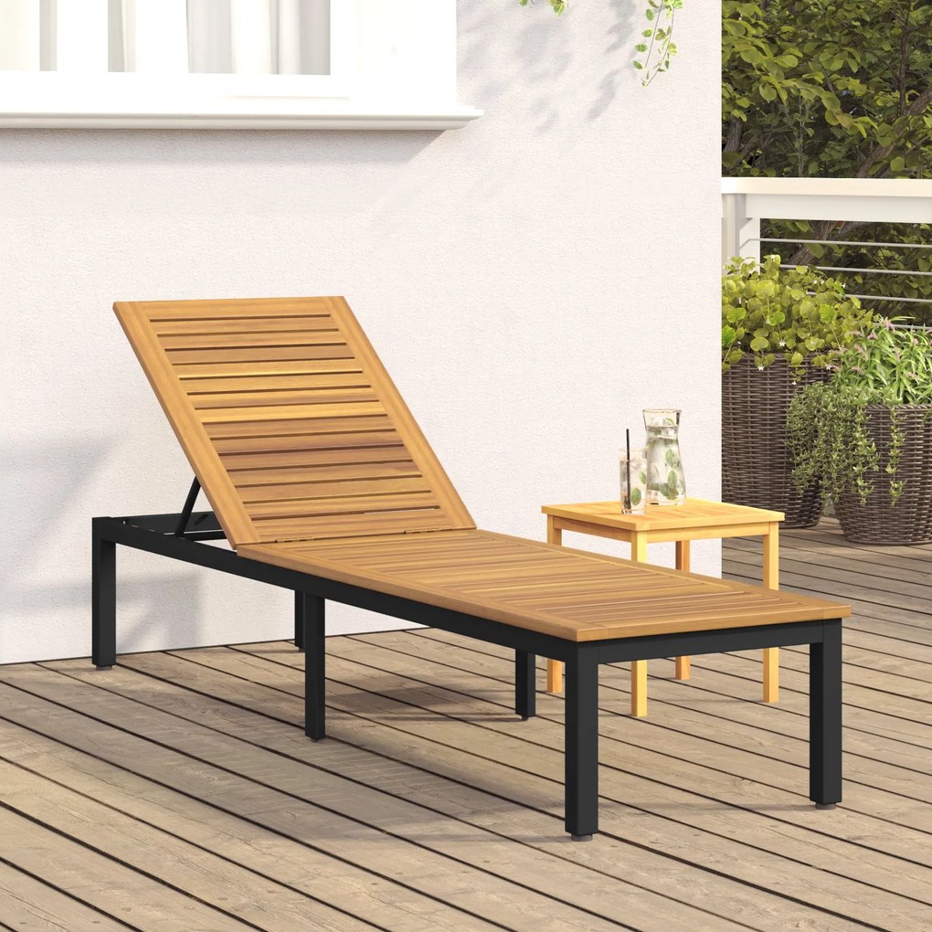 Espreguiçadeira Preta 200x55x35 cm Madeira Acácia Maciça
