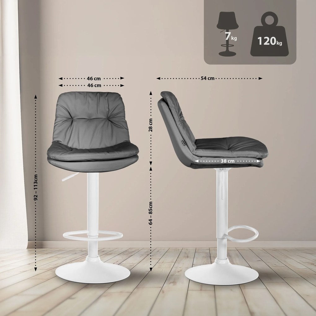 Banco de bar em couro sintético com estrutura branca 92-113 x 46 x 54 cm cinzento