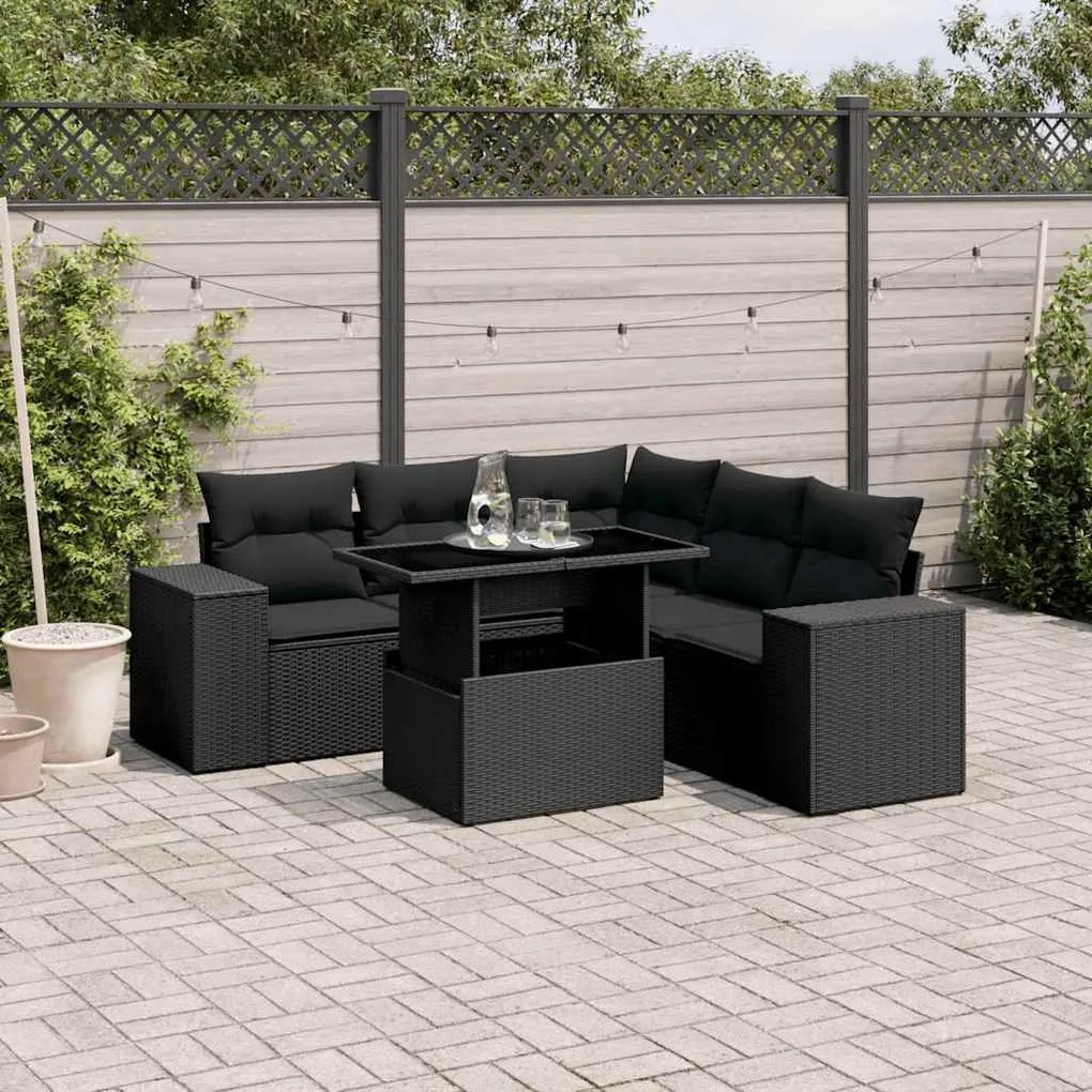 vidaXL 6 pcs conjunto sofás de jardim c/ almofadões vime PE preto
