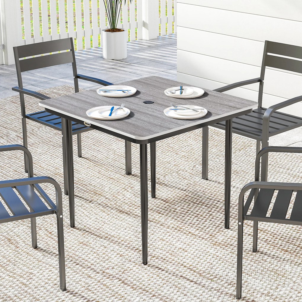 Mesa de jardim retangular para 4 pessoas 85 x 85 x 72,5 cm,, mesa de jantar de exterior com orifício para guarda-sol, cinzenta