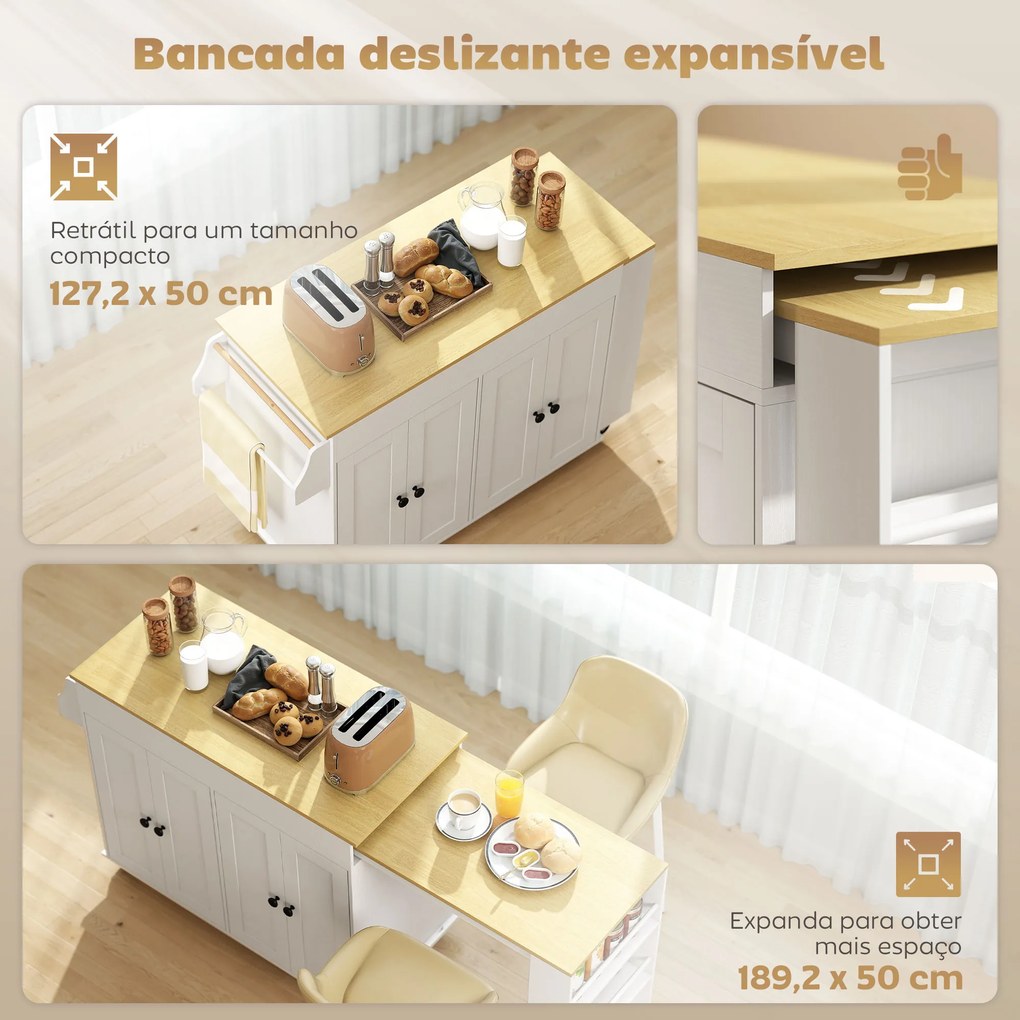 Carrinho,, Ilha de Cozinha com Rodas Tampo Extensível Carrinho de Cozinha com 4 Portas Prateleiras Ajustáveis Estante Lateral Aberta Branco