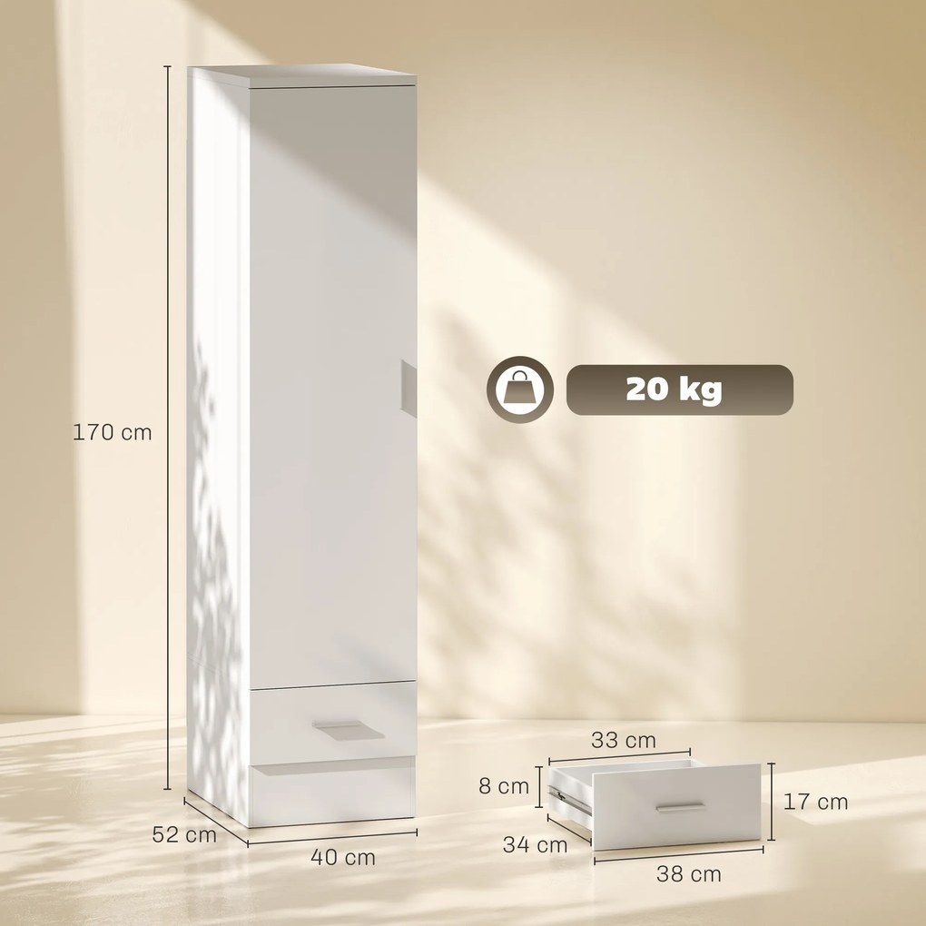 Roupeiro Moderno para Quarto com Barra de Pendurar Gaveta e Prateleira Superior 40x52x170 cm Branco