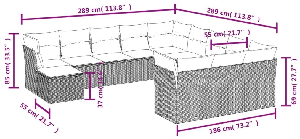 12 pcs conjunto de sofás jardim com almofadões vime PE castanho