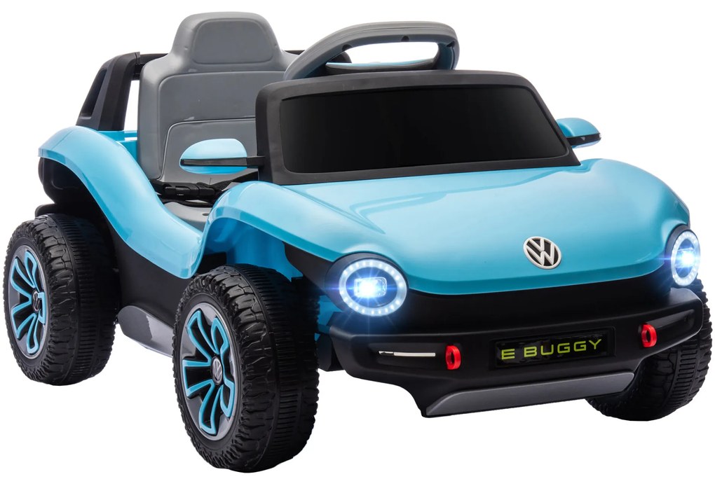 AIYAPLAY Carro Elétrico para Crianças acima de 3 Anos Volkswagen E-Buggy Bateria 12V com Controlo Remoto 2,4 G Rodas com Suspensão Faróis LED Música USB e Motor Duplo 98x56,5x47 cm Azul
