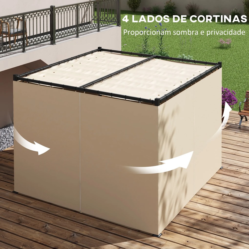 Pérgola de Jardim 3x3 m Pérgola para Exterior com Teto e Paredes Laterais Retráteis Impermeável para Terraço Pátio Bege