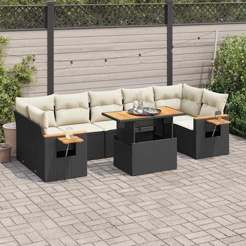 vidaXL 8 pcs conjunto sofás jardim com almofadões vime PE/acácia preto