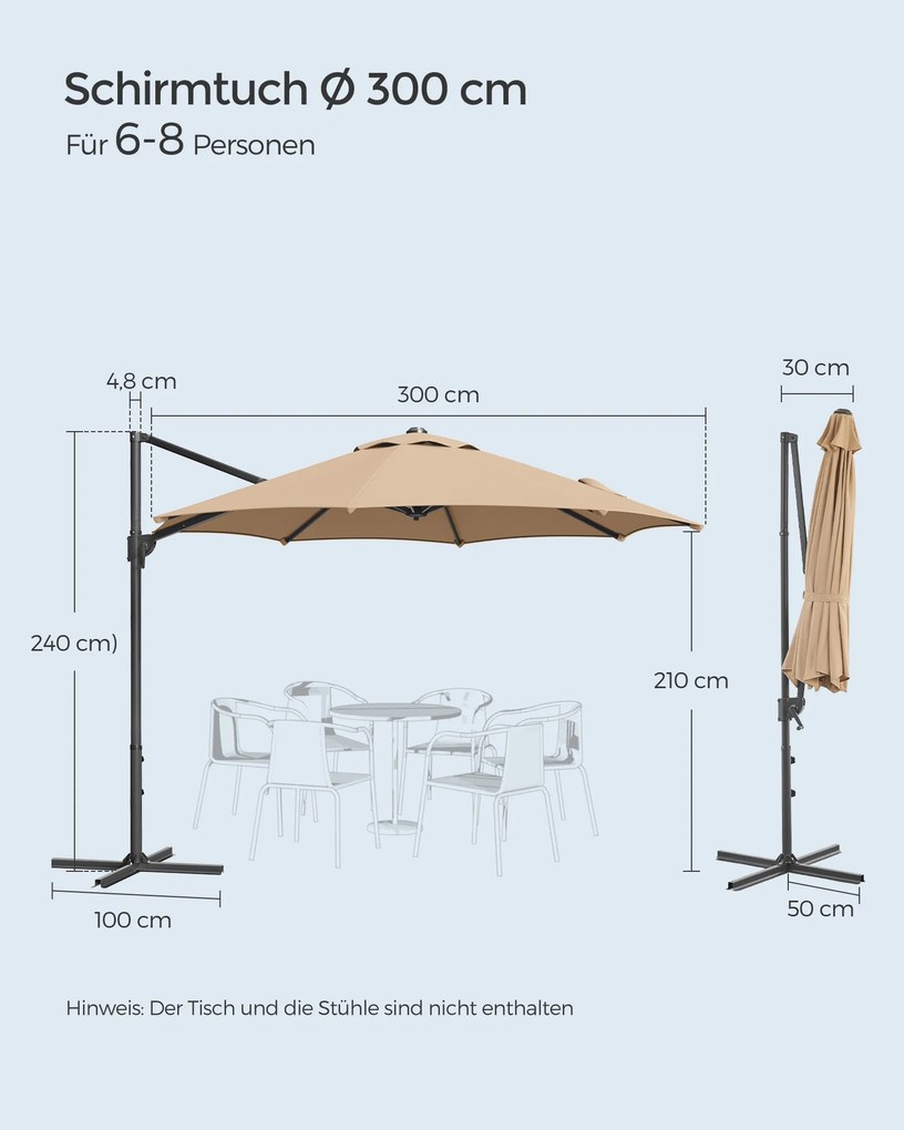 Guarda-sol jardim Ø 300 cm (PESOS NAO INCLUIDOS) UPF 50+ com manivela e base em cruz , cor castanho camelo