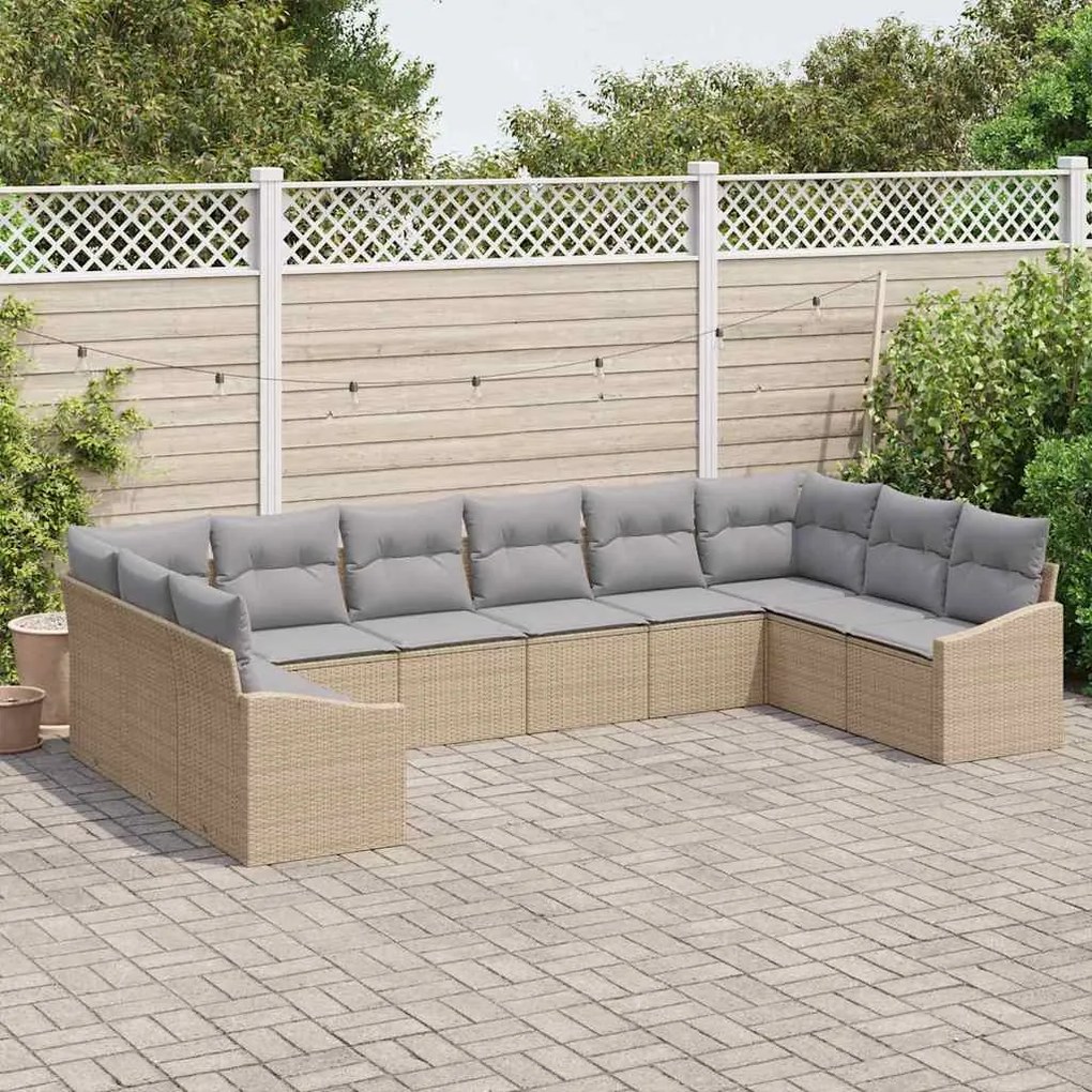 Sofá de Jardim de 10 Peças com Almofadas Beges em Rattan Sintético