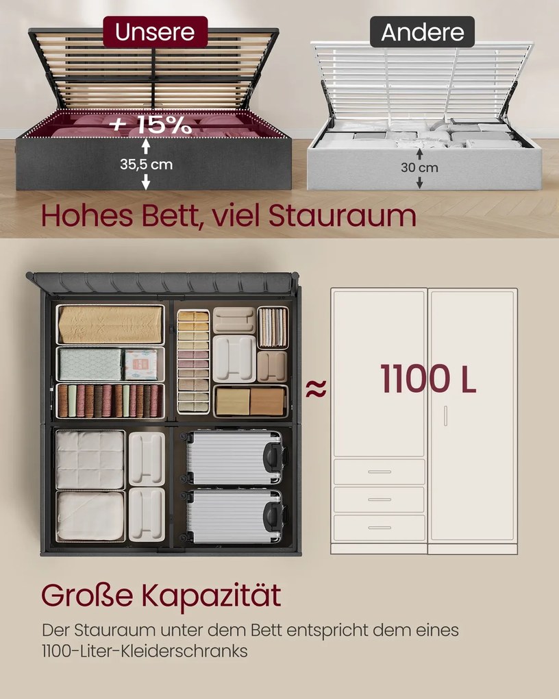 Estrutura de cama 180 x 200 cm com estrado (COLCHÃO NÃO INCLUIDO) com espaço de arrumação sob a cama e cabeceira em cinza ardósia