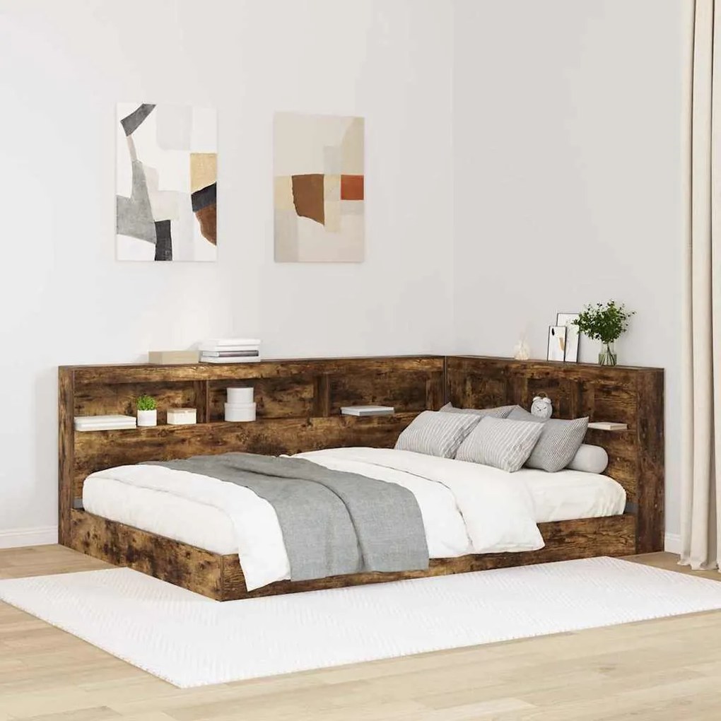 vidaXL Cama estante Carvalho fumado 160 x 200 cm Madeira processada