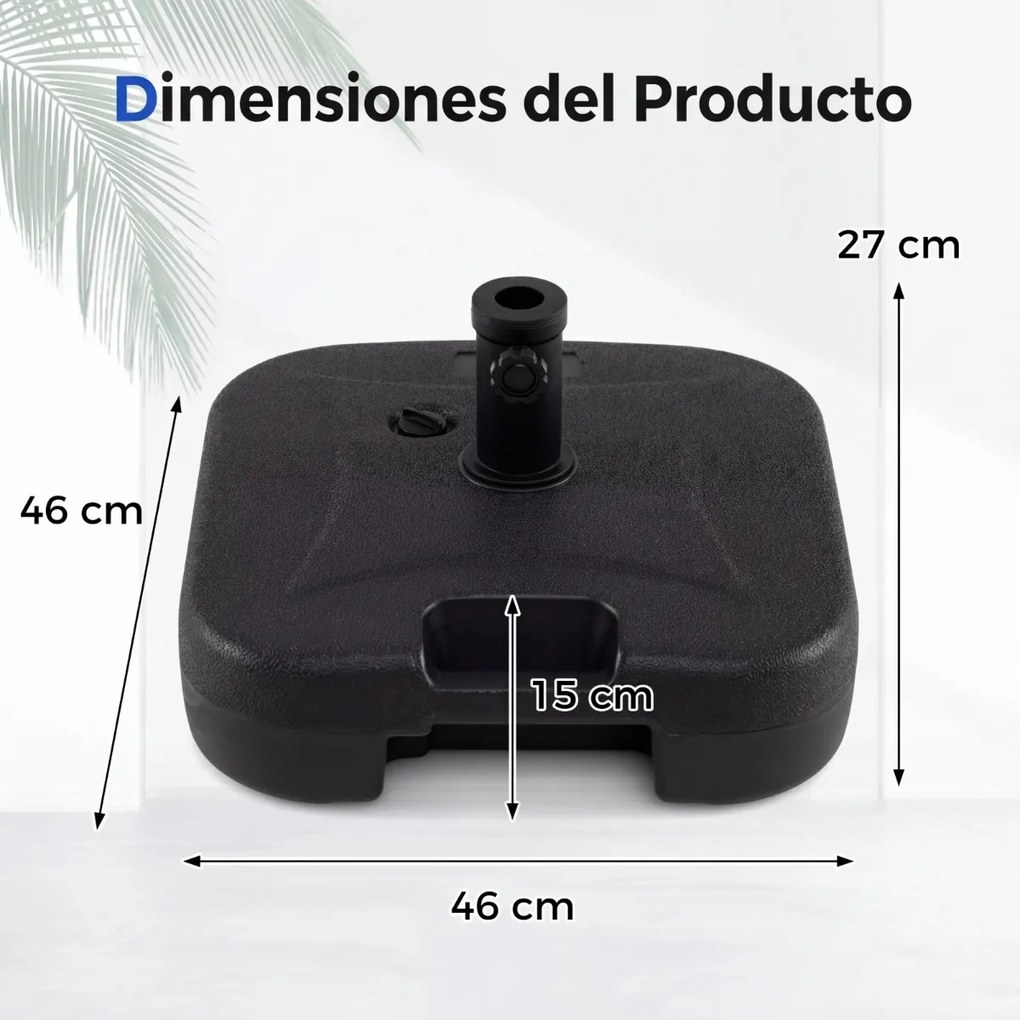 Base quadrada recarregável para guarda-sol de jardim pesado (27 kg) com 3 adaptadores para postes de 33/38/48 mm Preta
