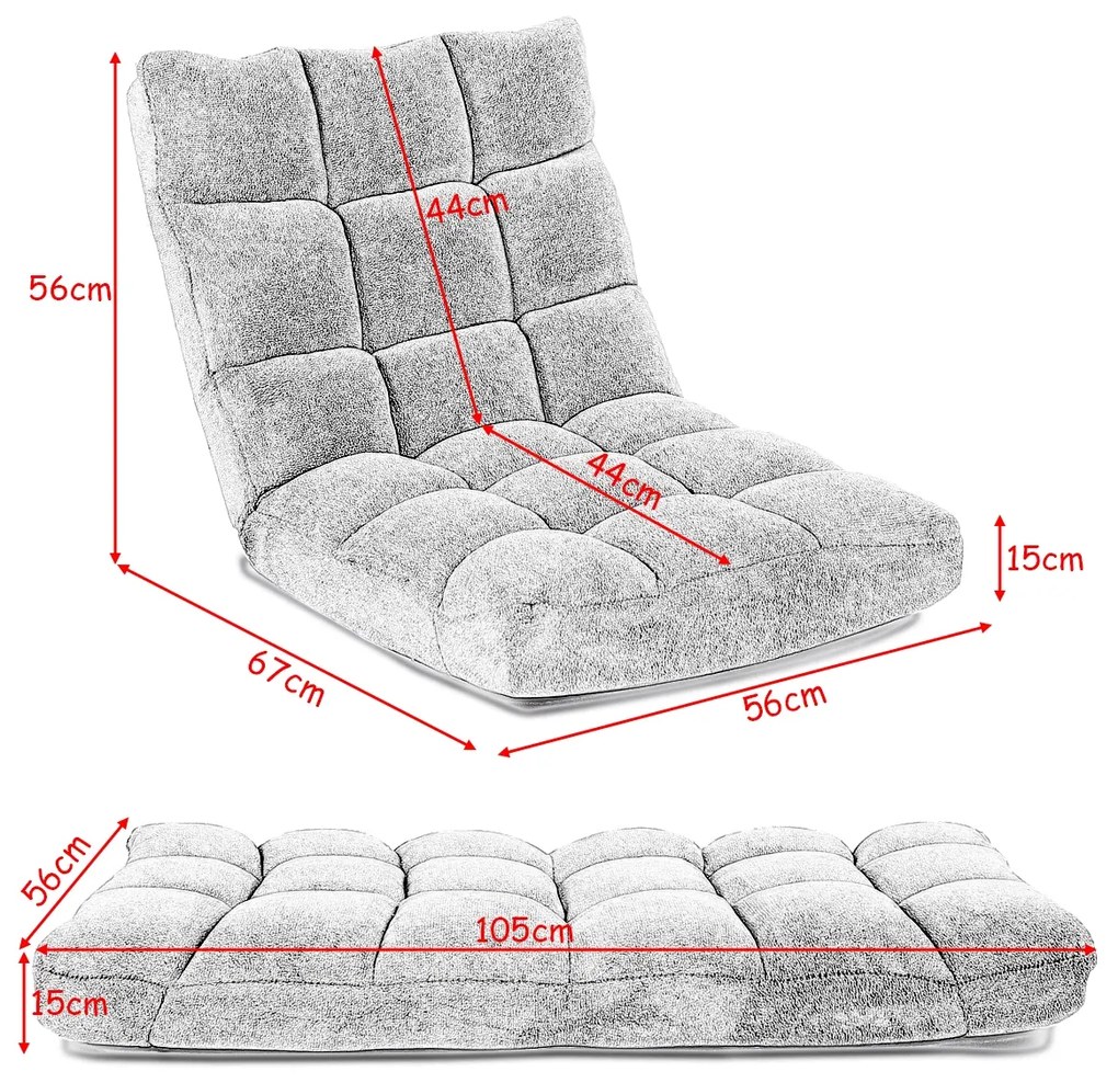 Sofá chão Dobrável Encosto Ajustável 14 Posiciones Quarto Cadeira Sala 105 x 56 x 15 cm Cinza