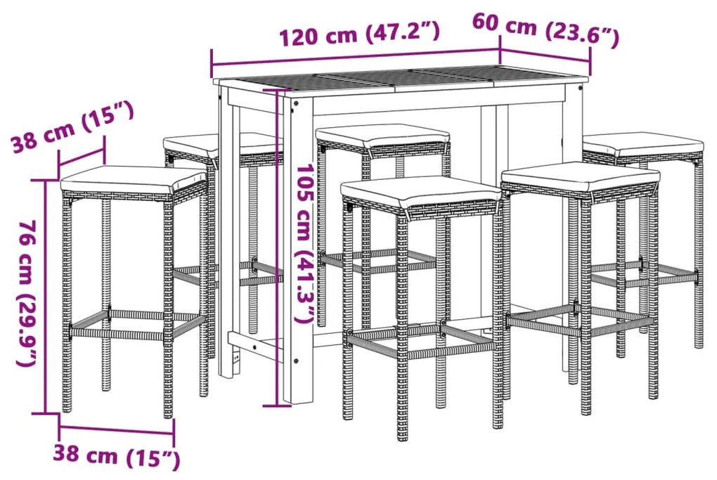 7 pcs conjunto de bar p/ jardim acácia maciça/vime PE cinzento