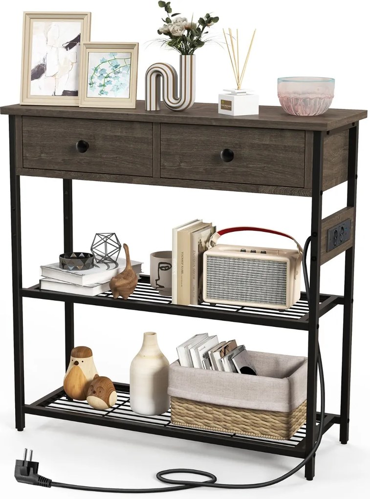 Mesa consola com estação de carregamento Gavetas Estantes Tomadas de corrente e 2 Portas USB 81 x 30 x 81 x 81 cm Cinzento